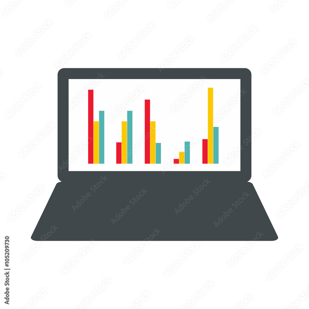 Laptop with business graph icon, flat style Laptop with business graph icon, flat style