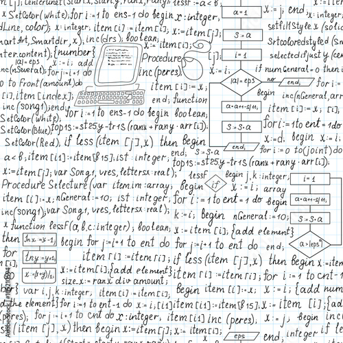 Beautiful technical vector seamless pattern with programming code, "handwritten on the copybook paper"