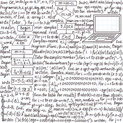 Beautiful technical vector seamless pattern with programming code, "handwritten on the copybook paper"