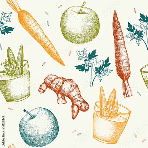 Seamless vector pattern with vegetables smoothie ink hand drawn illustration. Vegetables smoothie vintage background.Healthy drink recipe