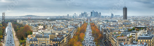 Panoramic view of Paris from the Arc de Triomphe. Direction of Defense. Autumn. Rain.