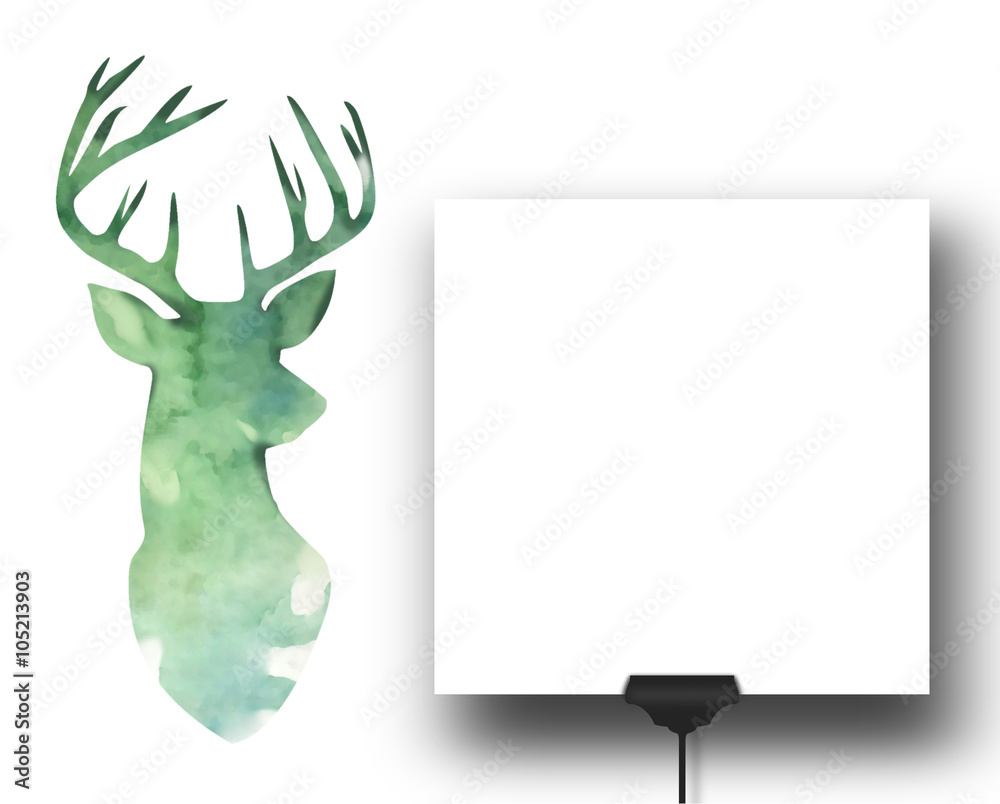 Obraz Close-up of one square blank frame with clip next to watercolour green deer silhouette background
