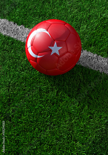 Soccer ball and national flag of Turkey   green grass