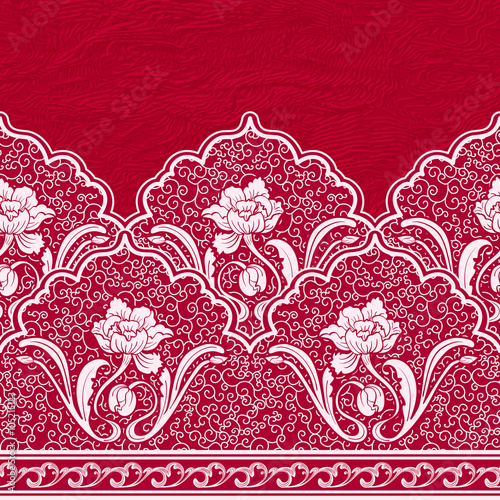 Seamless border in the Chinese style. Pattern of white flowers and curls on a red textured background.