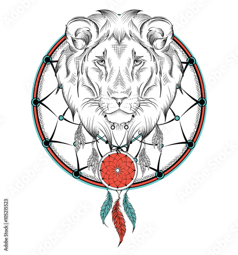 Lion indian warrior, animal hand drawn illustration, native american poster.  Hand draw vector illustration