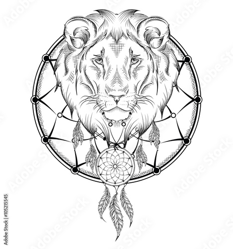 Lion indian warrior, animal hand drawn illustration, native american poster.  Hand draw vector illustration