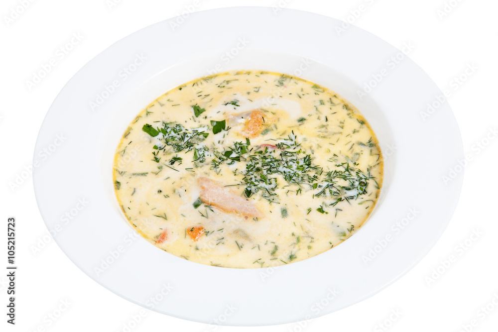 Finnish restaurant serving fish soup in a deep white plate, isolated on white background.