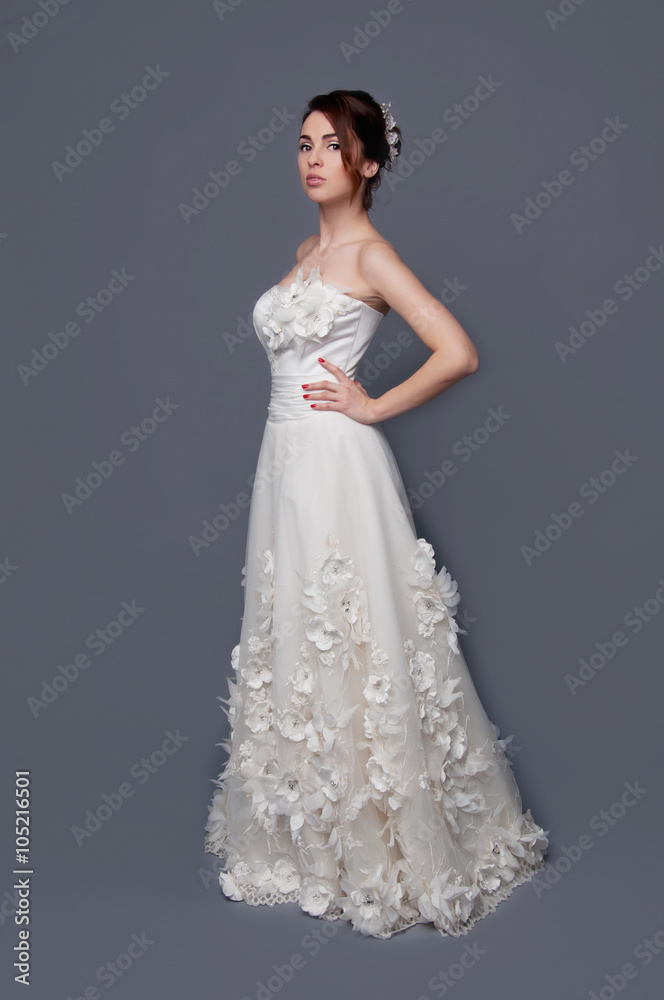 Elegant bride with short hair updo and bare shoulders dress Elegant bride with short hair updo and bare shoulders dress