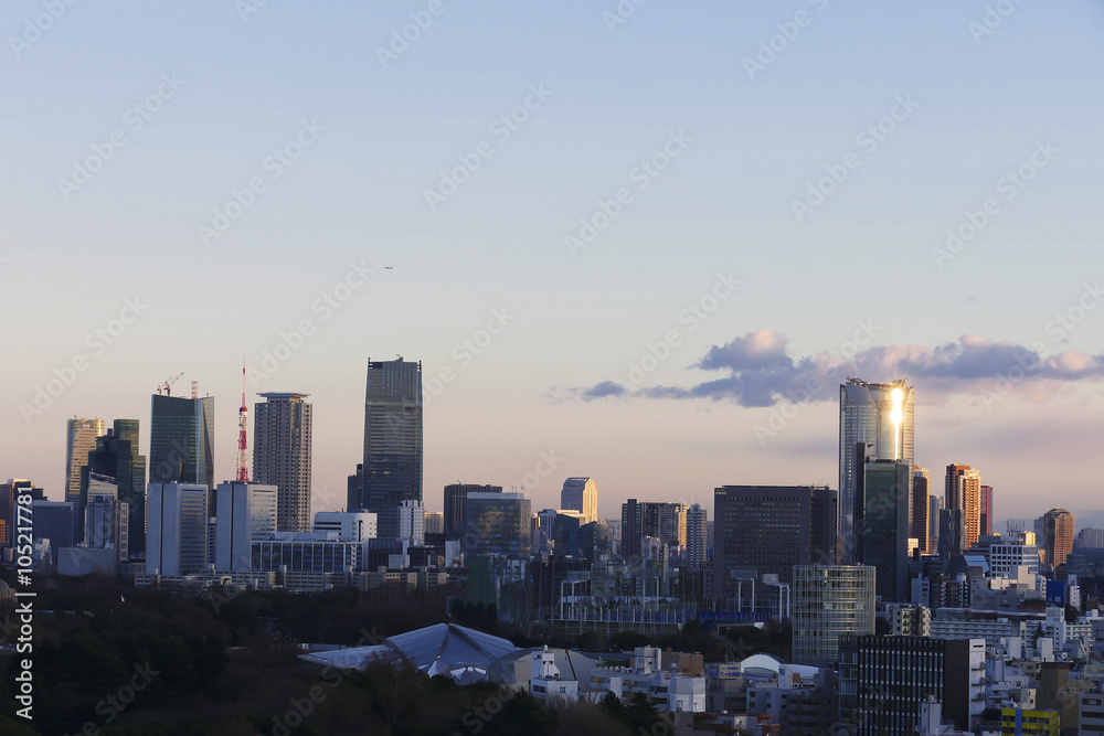 東京都市風景　青山　六本木　方面　東京タワー　高層ビル群　夕日