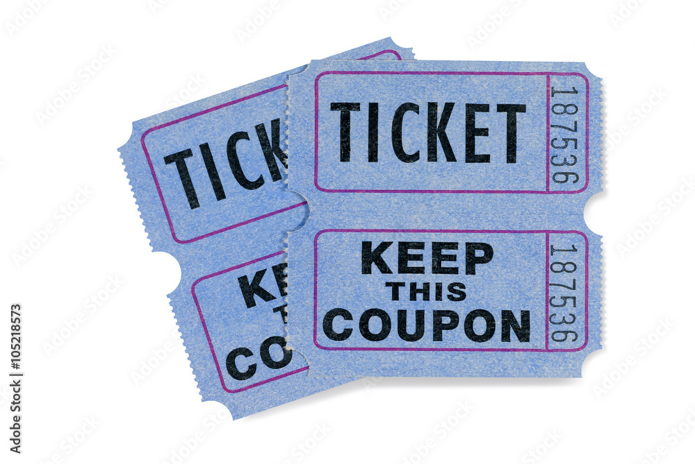 Naklejka premium Blue raffle movie or cinema ticket with coupon attached isolated on white background photo