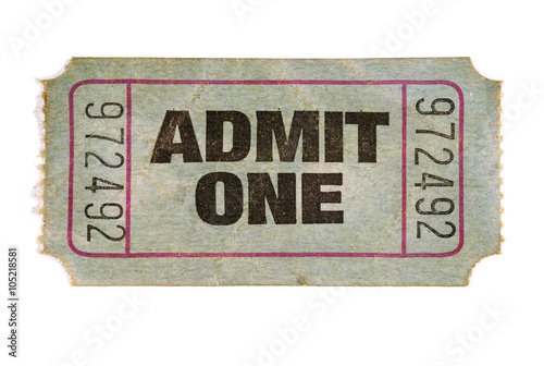 Old stained used damaged torn admit one ticket stub isolated on white background photo