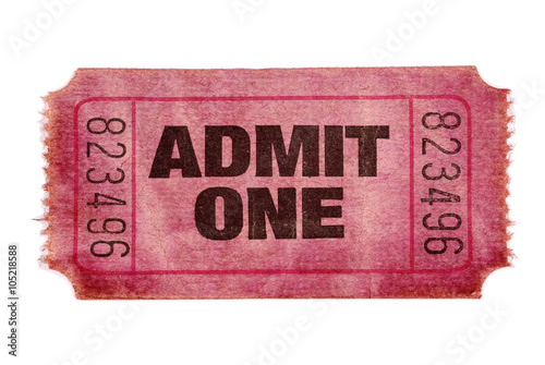 Old stained torn faded and damaged vintage retro red admit one movie cinema or theater ticket stub isolated on white background photo