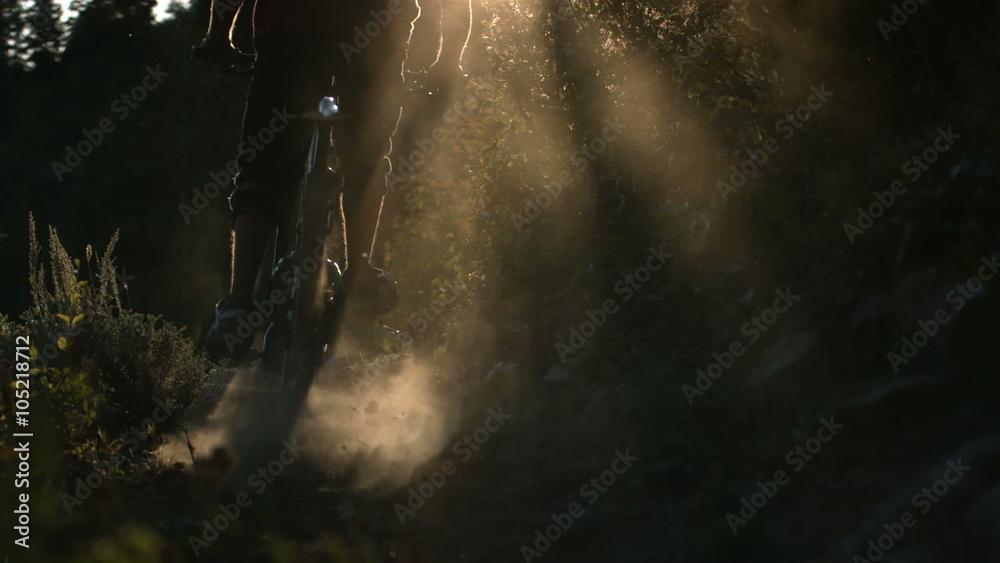Dirt and dust flies behind mountain biker, slow motion