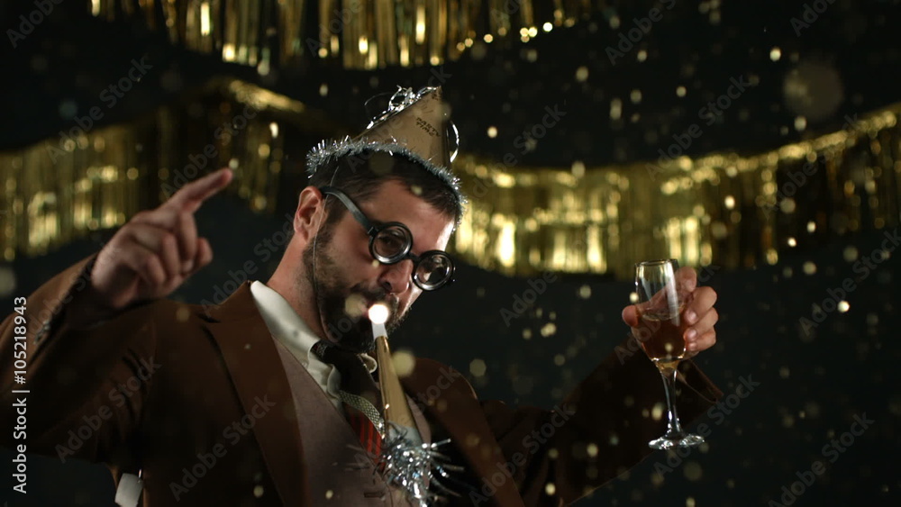 Nerdy man at New Years party, slow motion Nerdy man at New Years party, slow motion