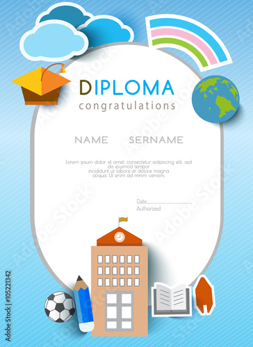 Kids diploma preschool certificate elementary school design template background. vector illustration