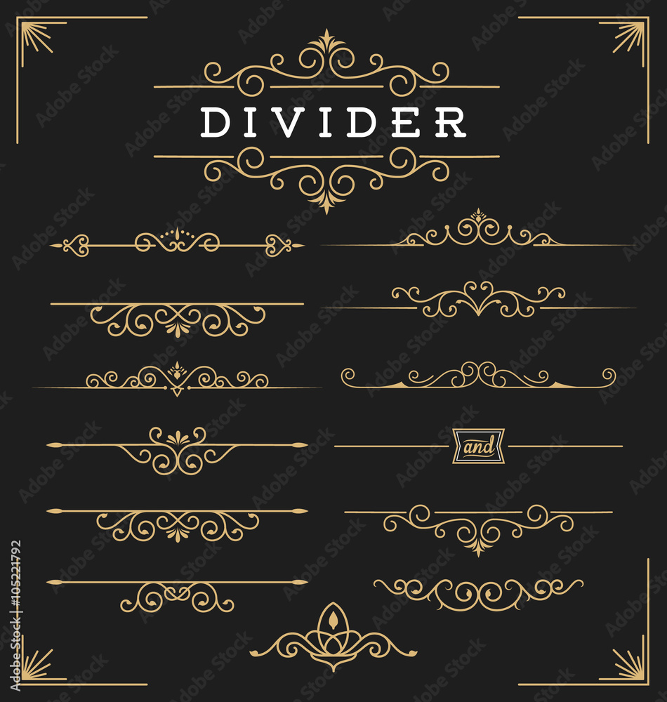Set of horizontal flourishes divider decorative elements. Vector illustration Set of horizontal flourishes divider decorative elements. Vector illustration