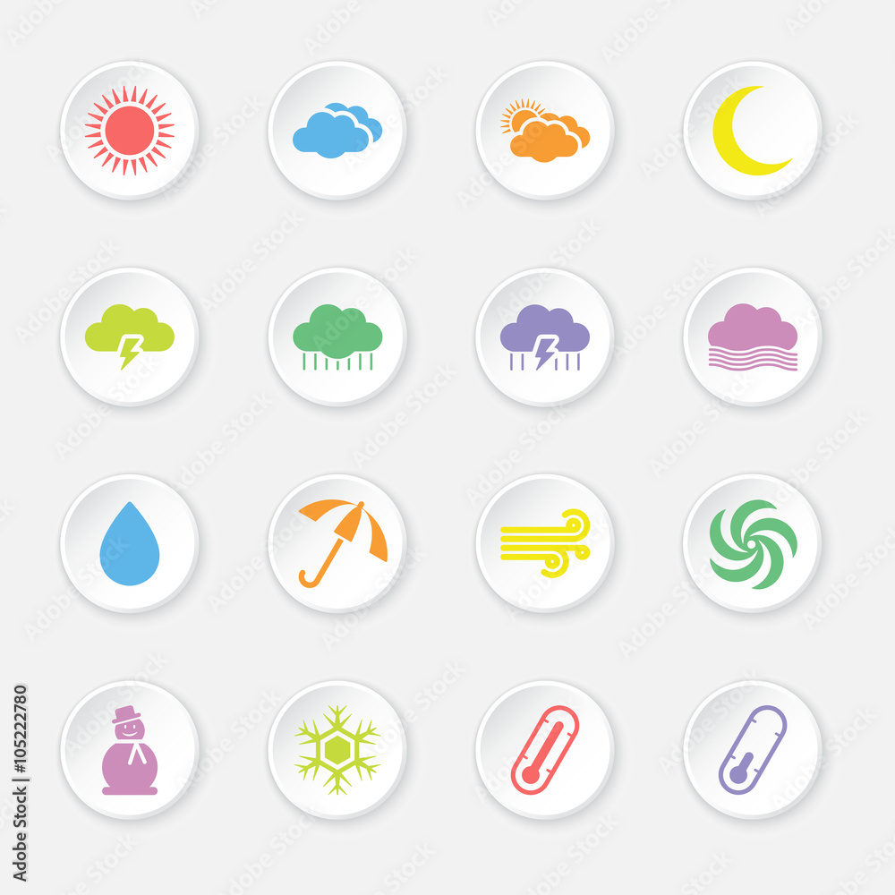 colorful flat weather icon set on circle button for web design, user interface (UI), infographic and mobile application (apps)