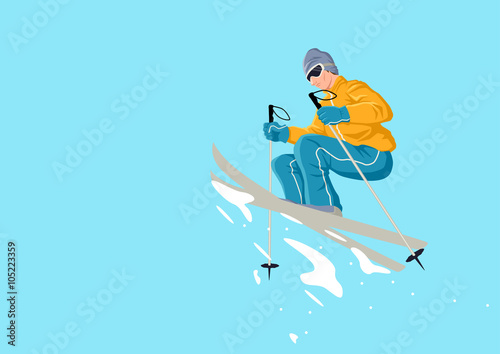 Cartoon illustration of a man playing ski