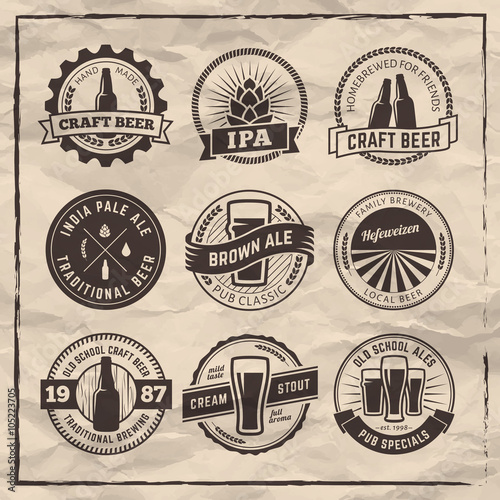 Set of vector craft beel labels. Beer logos on vintage paper background