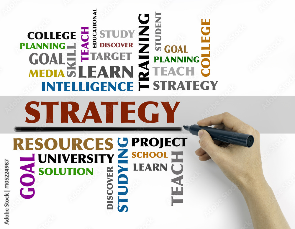 Hand with marker writing - STRATEGY word cloud, education concep Hand with marker writing - STRATEGY word cloud, education concep