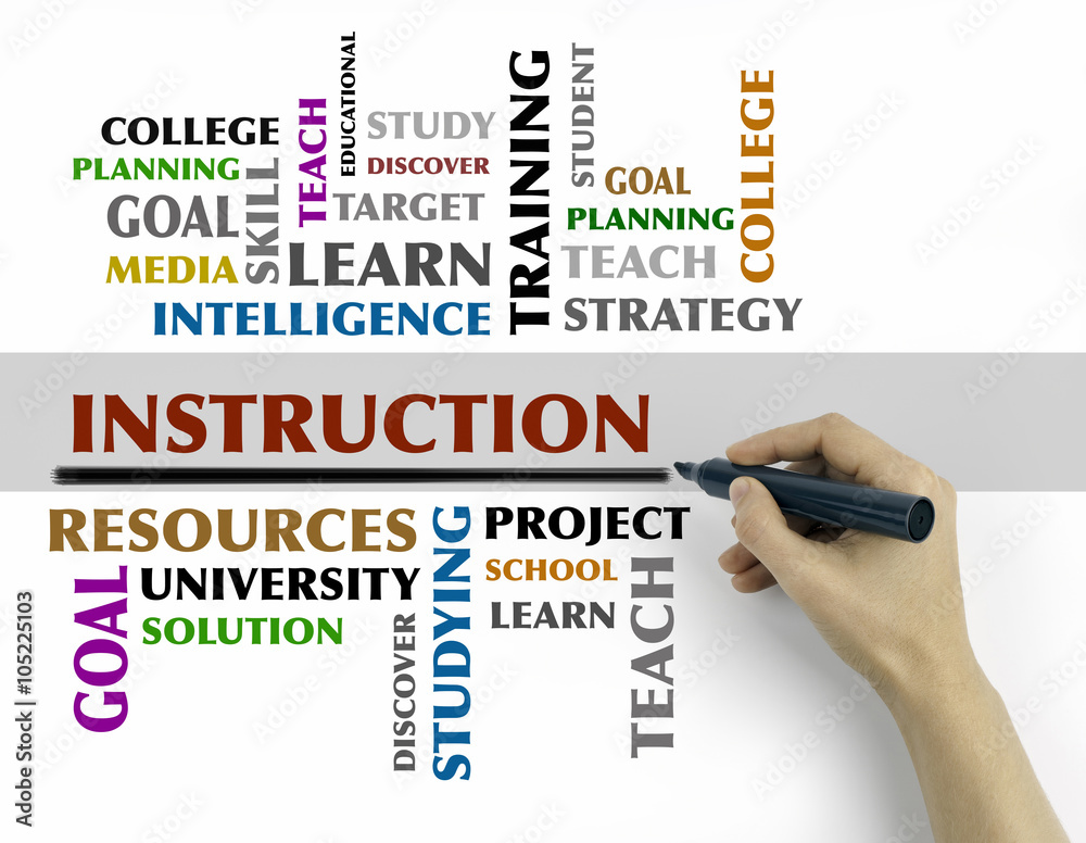 Hand with marker writing -INSTRUCTION word cloud, education conc