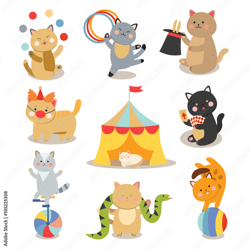 Set of cheerful circus playing cats vector illustration. Set of cheerful circus playing cats vector illustration.