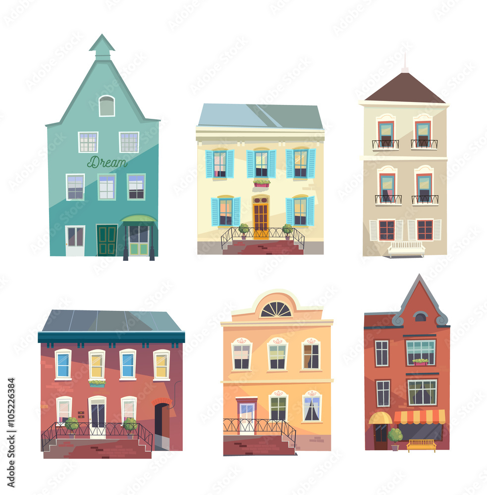 Set of city buildings, shops and groceries in a cartoon style. Community. Can be used for the game background  environment. Vector illustration.