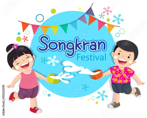 Boy and girl enjoy splashing water in Songkran festival Thailand