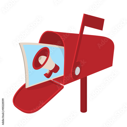 Red mailbox icon with megaphone poster, cartoon