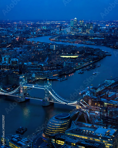 London At Night. River Thames, Tower Bridge, Canary Wharf