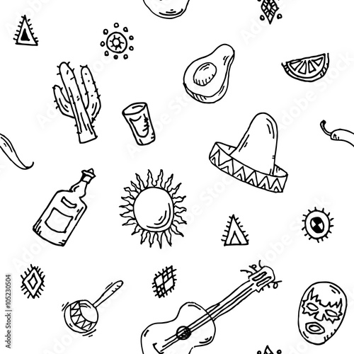 Hand drawn Seamless pattern vector set of mexican symbols