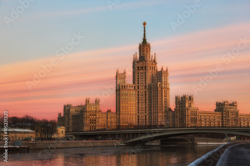 Moscow, high-rise building on Konelnicheskaya Embankment on a sunset