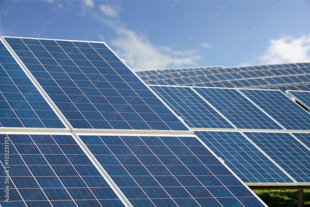 Solar Farm Park. Panels Sunny Blue Sky, Sustainable Renewable Energy. Solar Farm Park. Panels Sunny Blue Sky, Sustainable Renewable Energy.