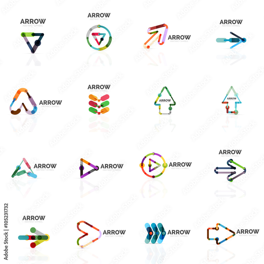 Set of linear arrow abstract logos, connected multicolored segments lines in directional pointer figures Set of linear arrow abstract logos, connected multicolored segments lines in directional pointer figures