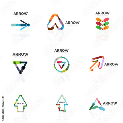 Set of linear arrow abstract logos, connected multicolored segments lines in directional pointer figures