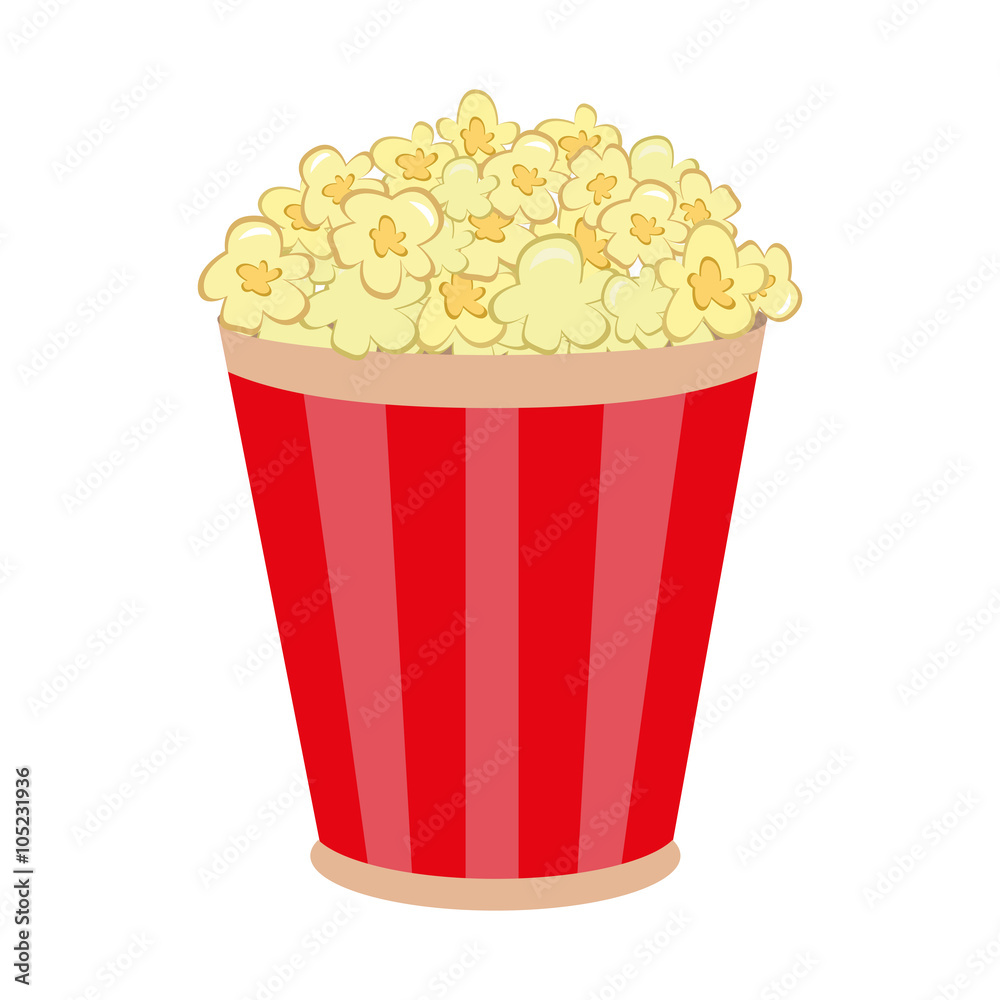 Popcorn in striped bucket flat cartoon vector illustration on white background. Popcorn in striped bucket flat cartoon vector illustration on white background.