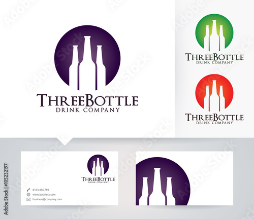 Three Bottle vector logo with alternative colors and business card template