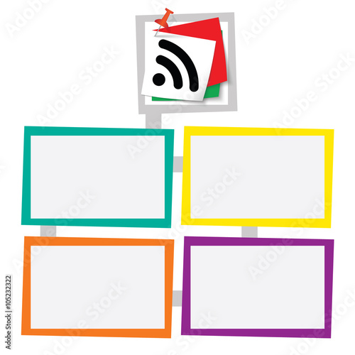 Four colored frames for your text with pushpin and feed icon