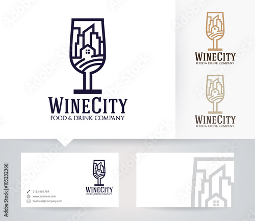Wine City vector logo with alternative colors and business card template
