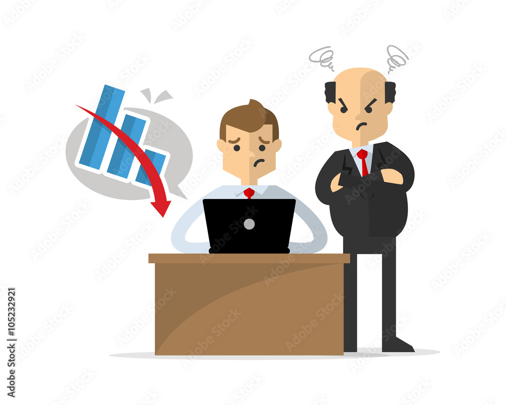 Vector of a businessman or employee get unsuccessful work, watched by his boss Vector of a businessman or employee get unsuccessful work, watched by his boss