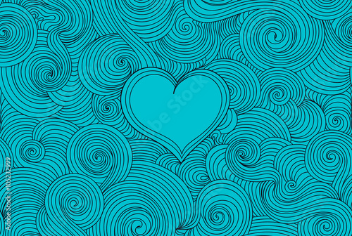Valentine vector seamless pattern with curling lines and heart, aquamarine color design