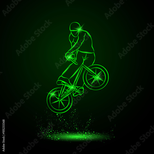 Trick on the BMX bike. Vector neon illustration.