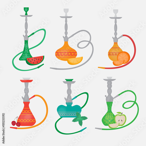 Set of hookah icons. Labels for nargile shop or shishe lounge. Fruit flavor of tabacco
