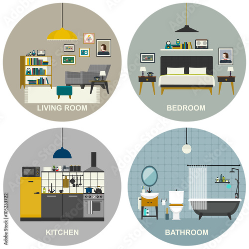 Interiors of living room, kitchen, bathroom and bedroom.