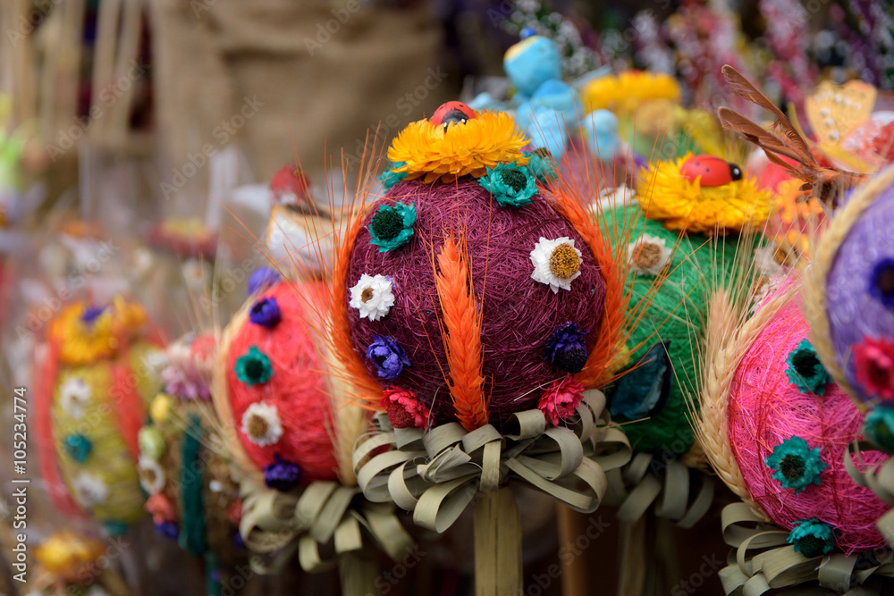 Colorful Easter decoration arrangement in Vilnius tradition fair