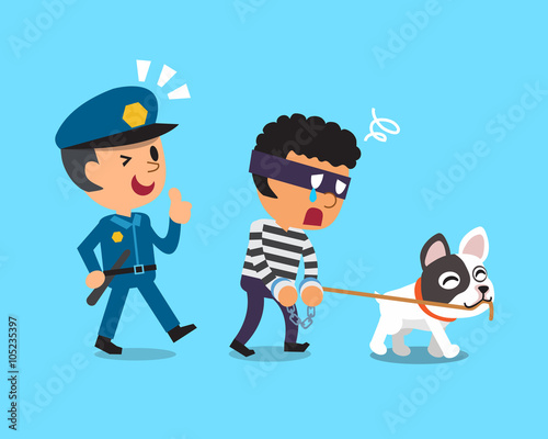 Cartoon dog and policeman catching thief