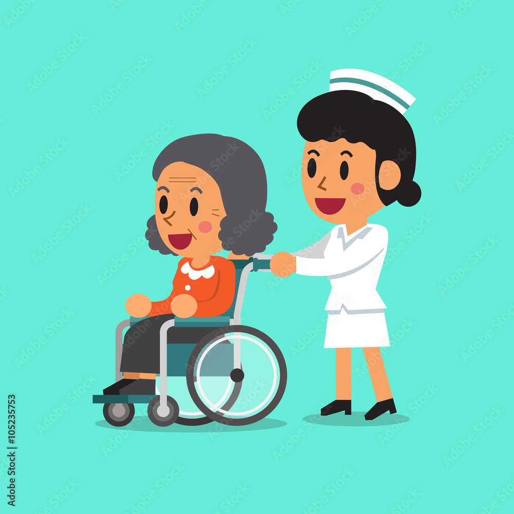 Cartoon senior woman in wheelchair with nurse Cartoon senior woman in wheelchair with nurse