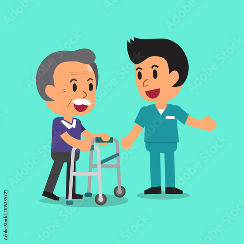 Cartoon senior man walking with paddle walker and male nurse