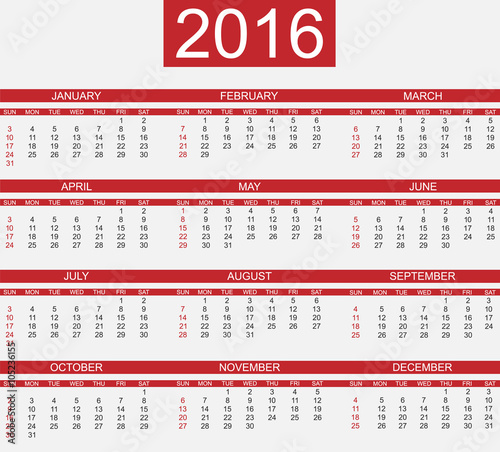 CALENDAR 2016 SIMPLE STYLE RED