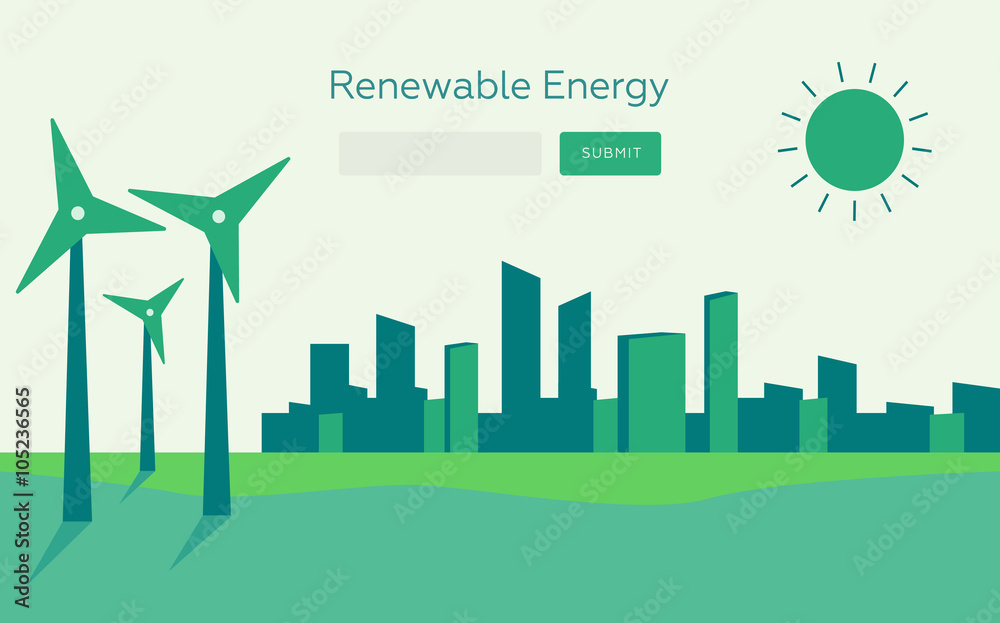 Renewable energy vector illustration. Renewable energy concept in flat style. Renewable energy web banner. Renewable energy city. Renewable energy solar and wind power Renewable energy vector illustration. Renewable energy concept in flat style. Renewable energy web banner. Renewable energy city. Renewable energy solar and wind power